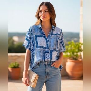Jane + Delancey Top Patchwork Blue White Slouchy Boho Oversized Blouse Button Up